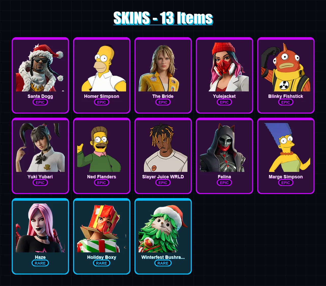 [PC/XBOX/PSN] | Santa Dogg | Homer Simpson | The Bride | Yulejacket | Blinky Fishstick | 13 skin | 42 pickaxe | 21 emote | 28 glider | Lv492