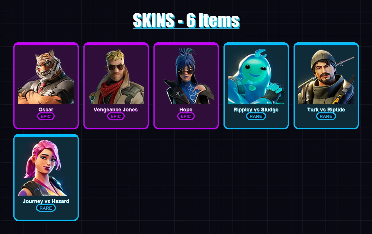 [PC/XBOX/PSN] | Oscar | Vengeance Jones | Hope | Rippley vs Sludge | Turk vs Riptide | 6 skin | 12 pickaxe | 7 emote | 13 glider | Lv144