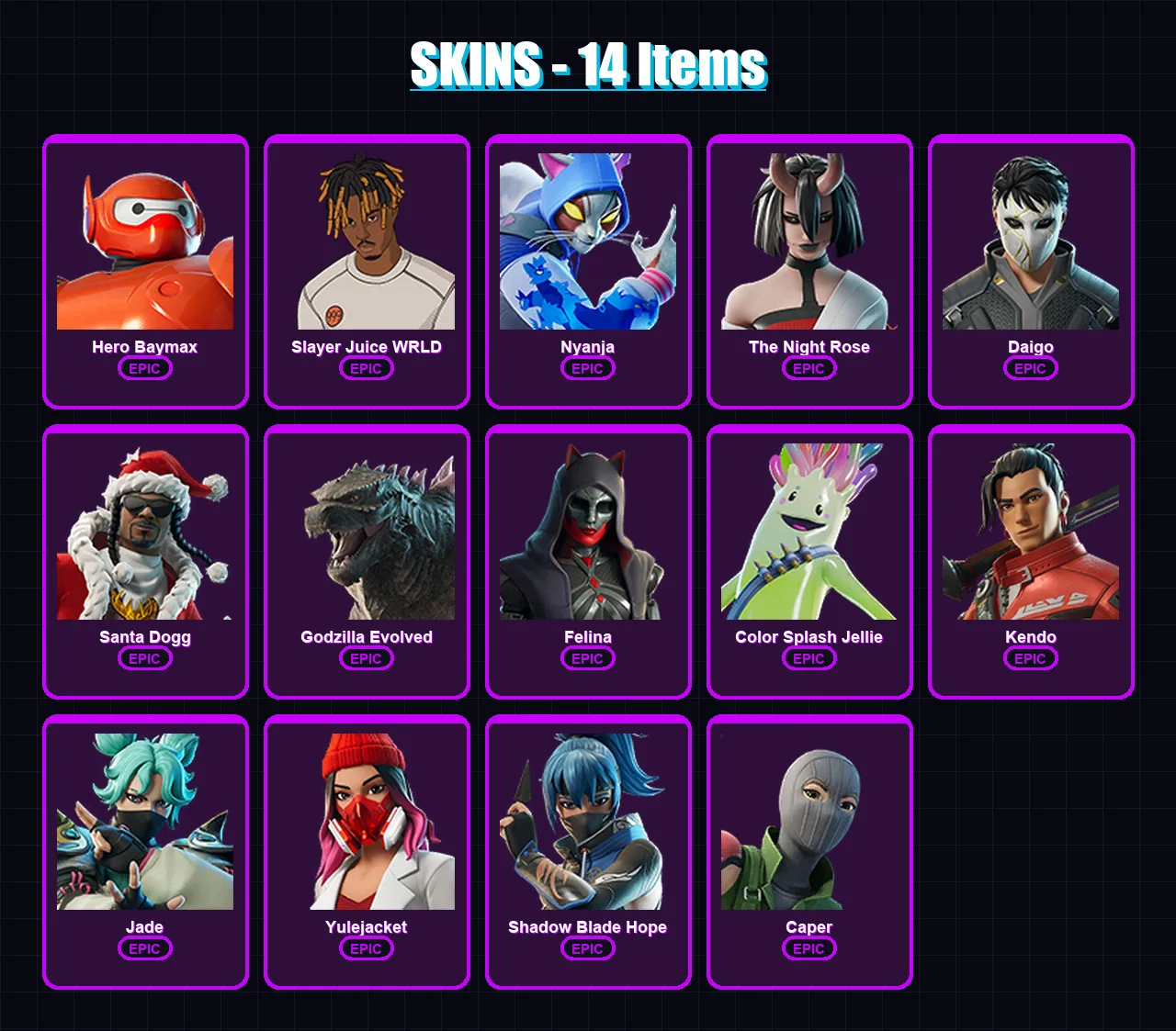 [PC/PSN] | Hero Baymax | Slayer Juice WRLD | Nyanja | The Night Rose | Daigo | 14 skin | 38 pickaxe | 18 emote | 27 glider | Lv371 — Fortnite account