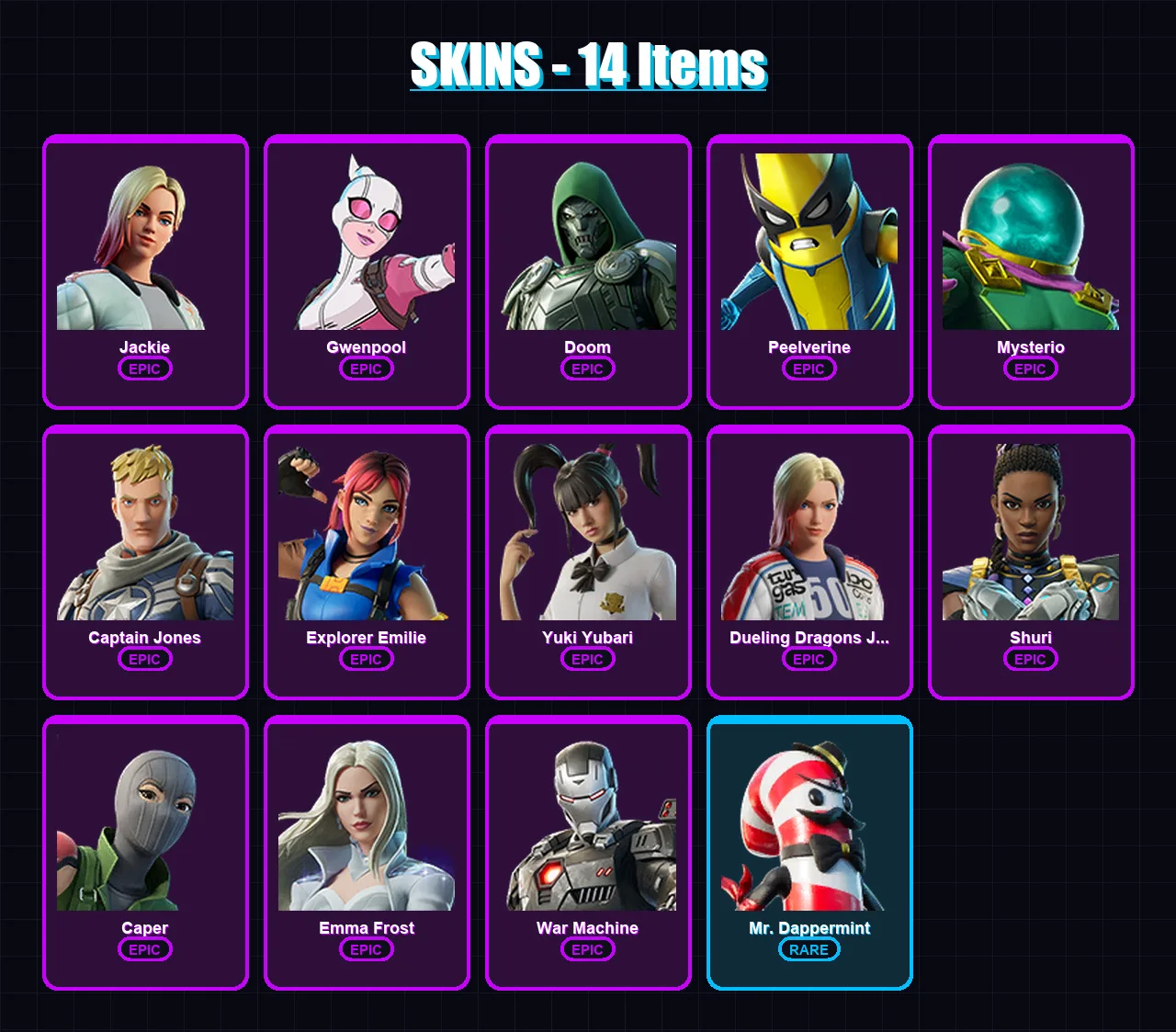 [PC/XBOX/PSN] | Jackie | Gwenpool | Doom | Peelverine | Mysterio | 14 skin | 41 pickaxe | 26 emote | 31 glider | Lv555