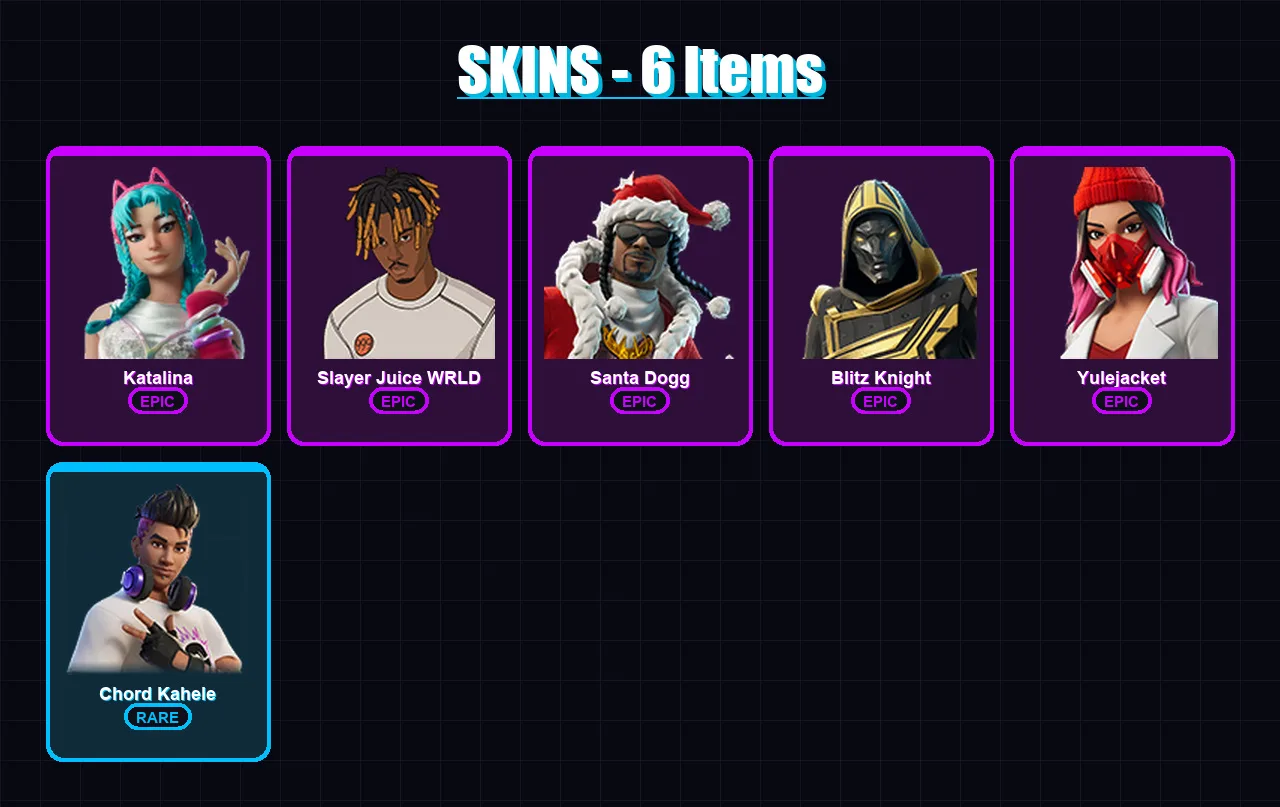 [PC/PSN] | Katalina | Slayer Juice WRLD | Santa Dogg | Blitz Knight | Yulejacket | 6 skin | 18 pickaxe | 5 emote | 5 glider | Lv68