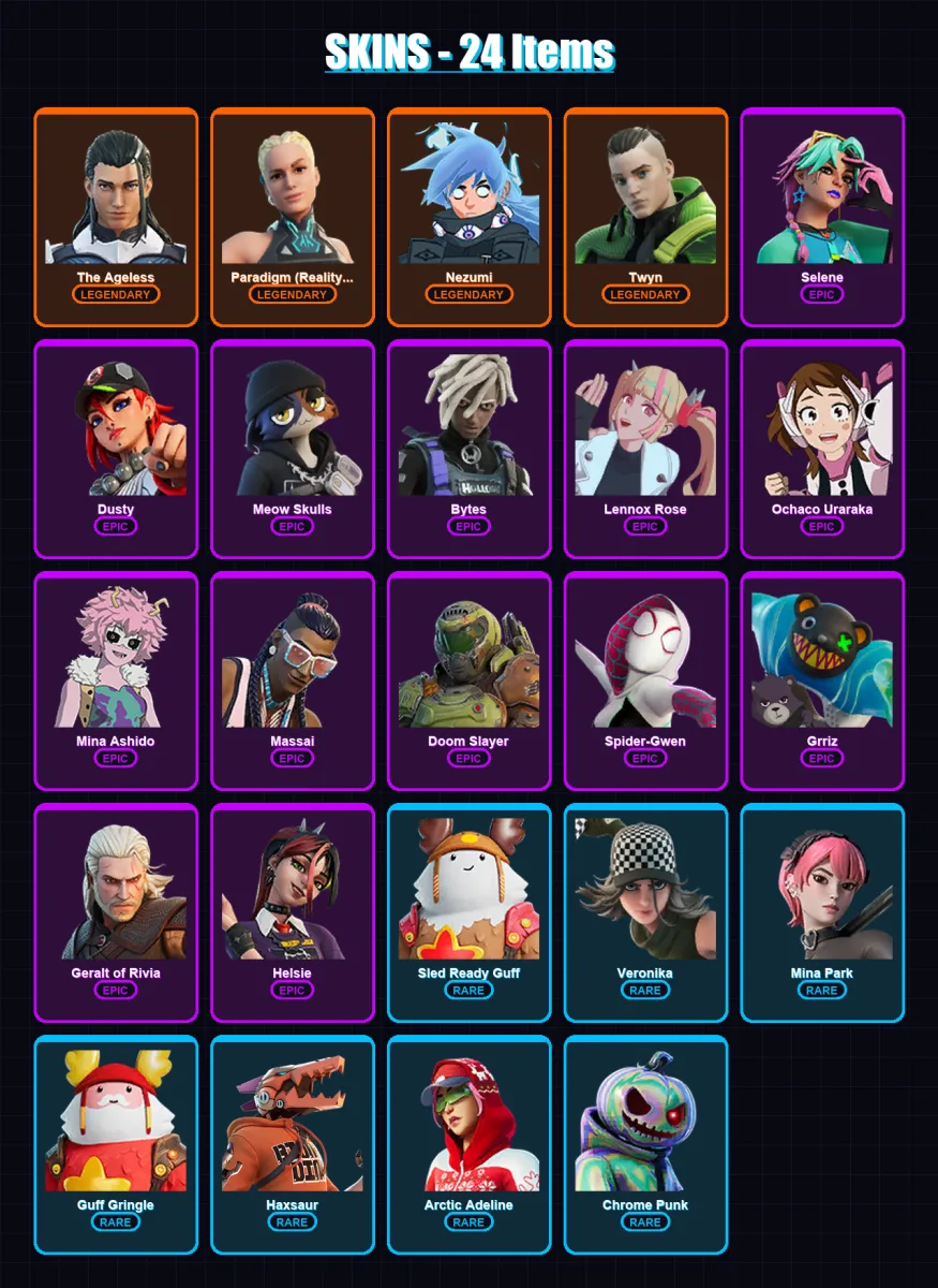 [PC/XBOX/PSN] | The Ageless | Paradigm (Reality-659) | Nezumi | Twyn | Selene | 24 skin | 37 pickaxe | 22 emote | 29 glider | Lv371 — Fortnite account