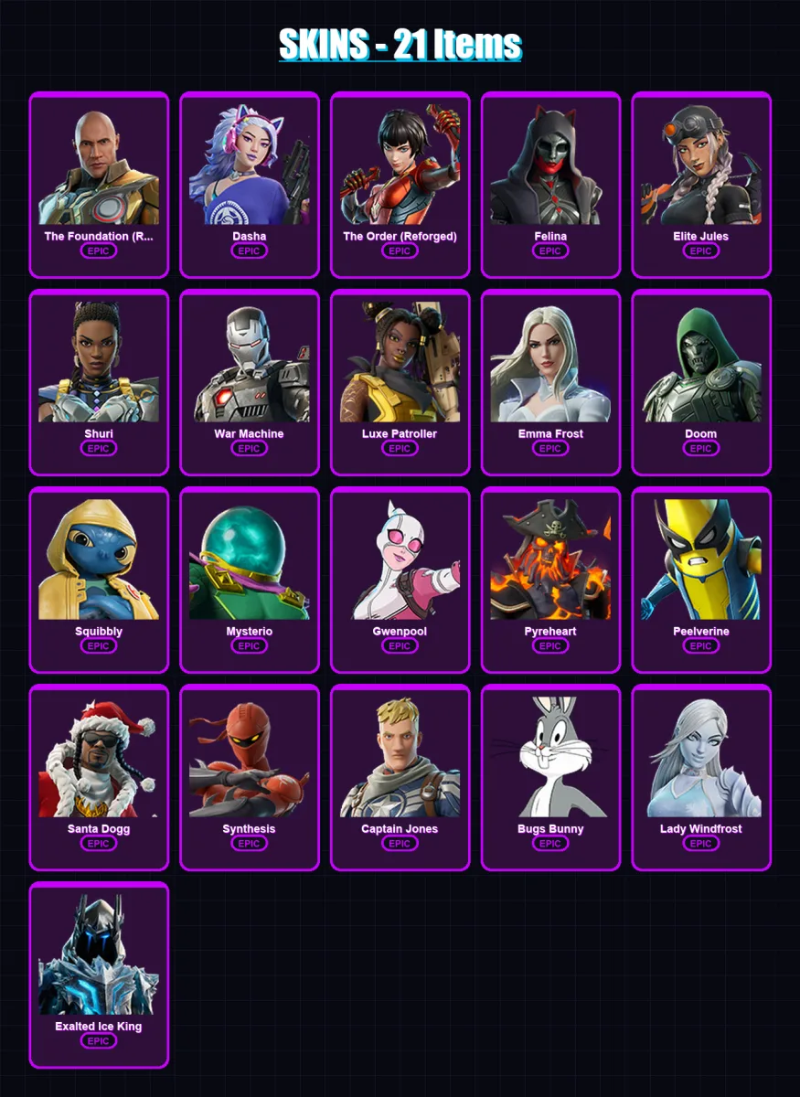 [PC/PSN] | The Foundation (Reforged) | Dasha | The Order (Reforged) | Felina | Elite Jules | 21 skin | 31 pickaxe | 25 emote | 22 glider | Lv422