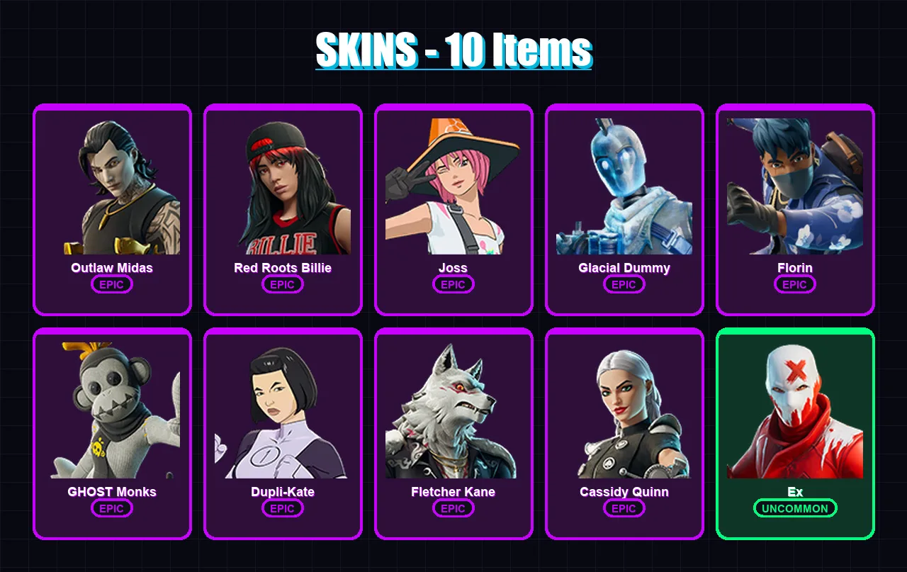 [PS4/PS5/XBOX/PC] | Outlaw Midas | Red Roots Billie | Joss | Glacial Dummy | Florin | 10 skin | 35 pickaxe | 18 emote | 19 glider | Lv476