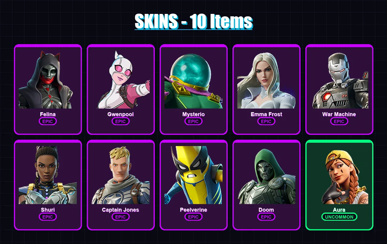 [PC/XBOX/PSN] | Felina | Gwenpool | Mysterio | Emma Frost | War Machine | 10 skin | 18 pickaxe | 15 emote | 15 glider | Lv173