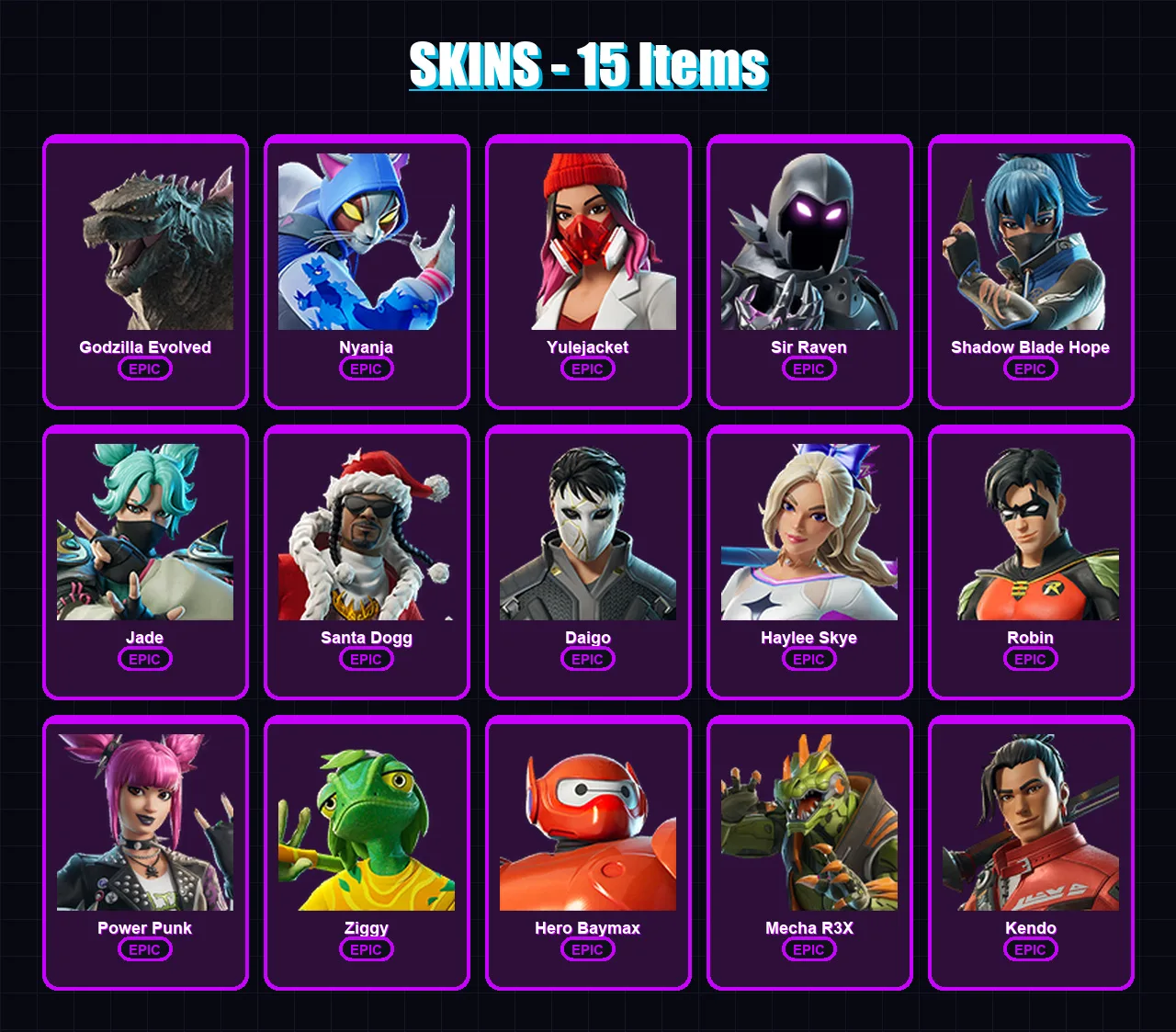 [PC/XBOX/PSN] | Godzilla Evolved | Nyanja | Yulejacket | Sir Raven | Shadow Blade Hope | 15 skin | 39 pickaxe | 28 emote | 27 glider | Lv220