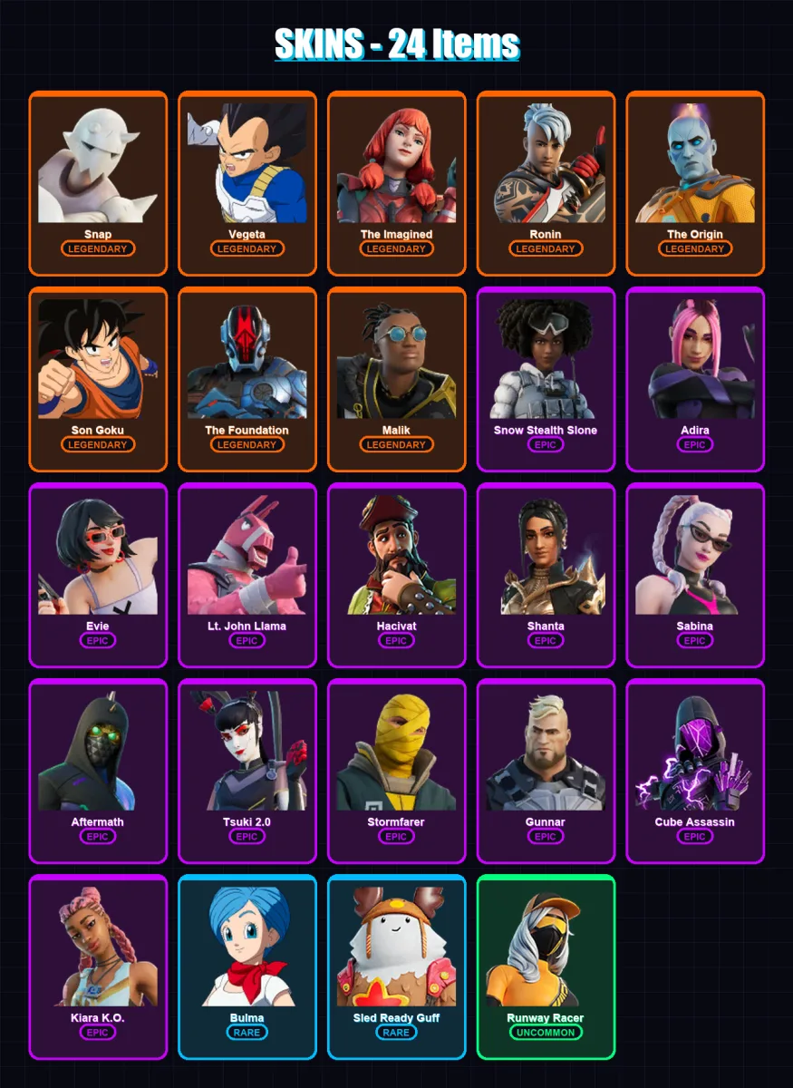 [PC/XBOX/PSN] | Snap | Vegeta | The Imagined | Ronin | The Origin | 24 skin | 54 pickaxe | 31 emote | 36 glider | Lv621 — Fortnite account