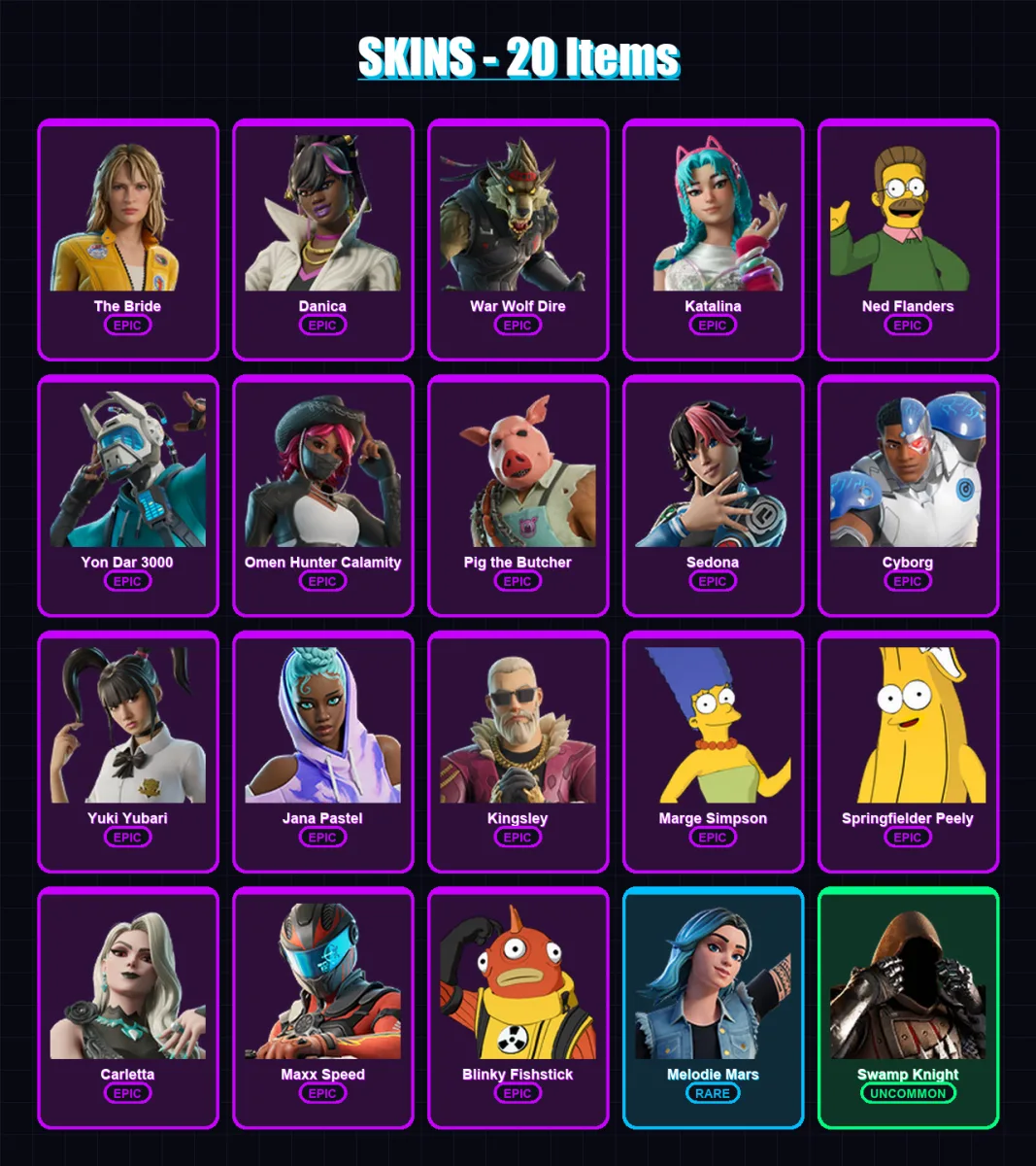 [PS4/PS5/XBOX/PC] | The Bride | Danica | War Wolf Dire | Katalina | Ned Flanders | 20 skin | 50 pickaxe | 21 emote | 30 glider | Lv372