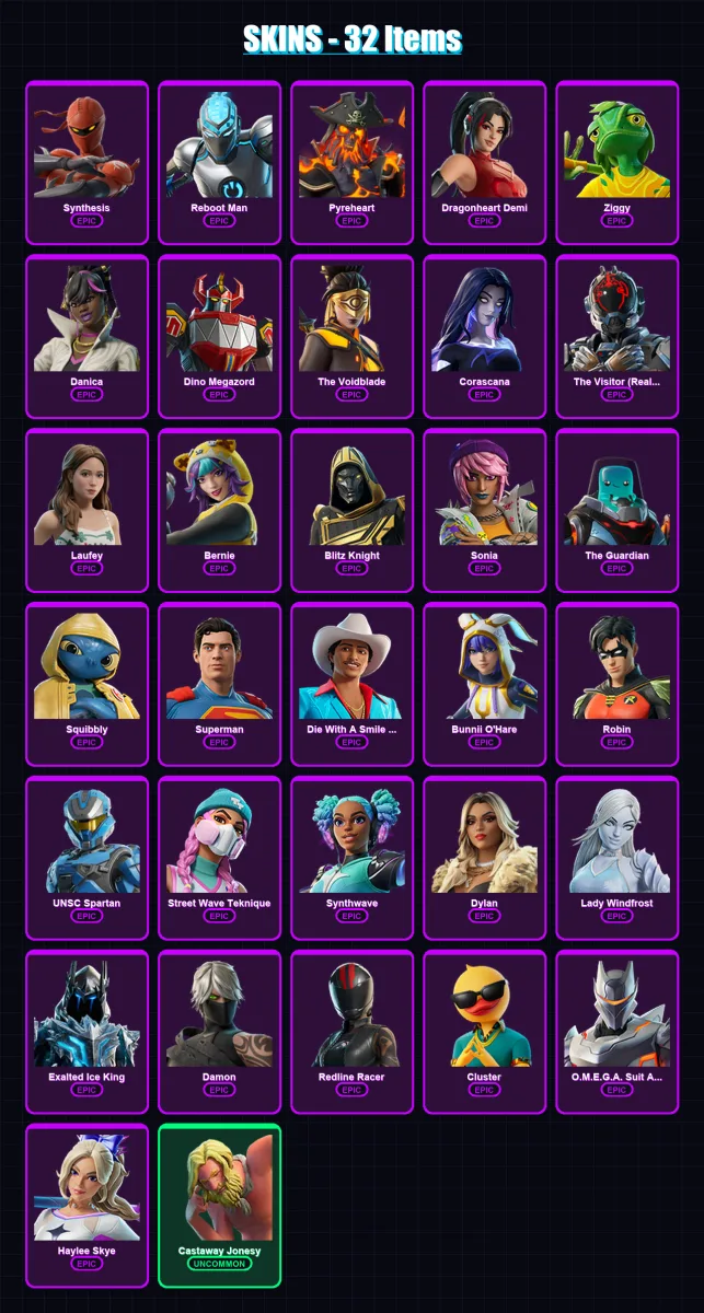 [PC/XBOX] | Synthesis | Reboot Man | Pyreheart | Dragonheart Demi | Ziggy | 32 skin | 38 pickaxe | 25 emote | 27 glider | Lv164