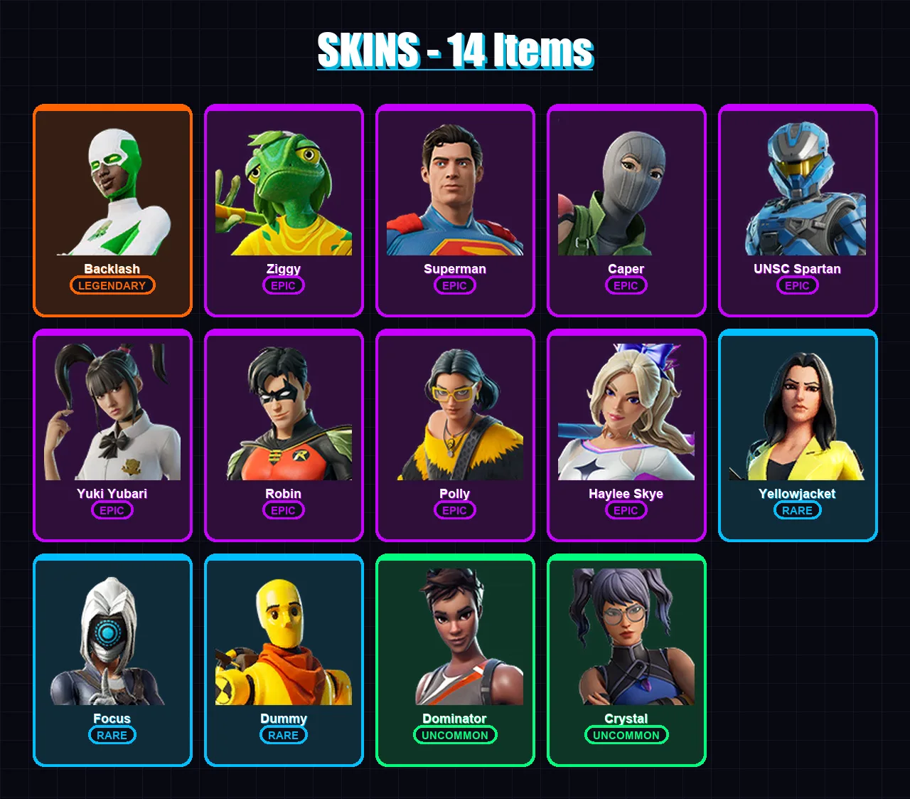 [PC/XBOX/PSN] | Backlash | Ziggy | Superman | Caper | UNSC Spartan | 14 skin | 26 pickaxe | 14 emote | 16 glider | Lv201