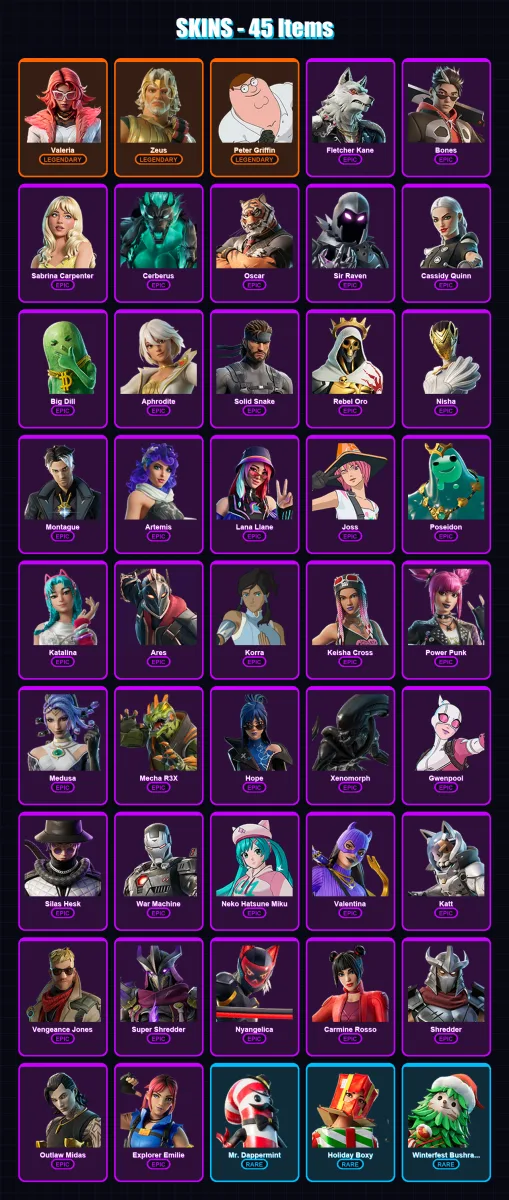 [PC] | Valeria | Zeus | Peter Griffin | Fletcher Kane | Bones | 45 skin | 73 pickaxe | 56 emote | 54 glider | Lv605