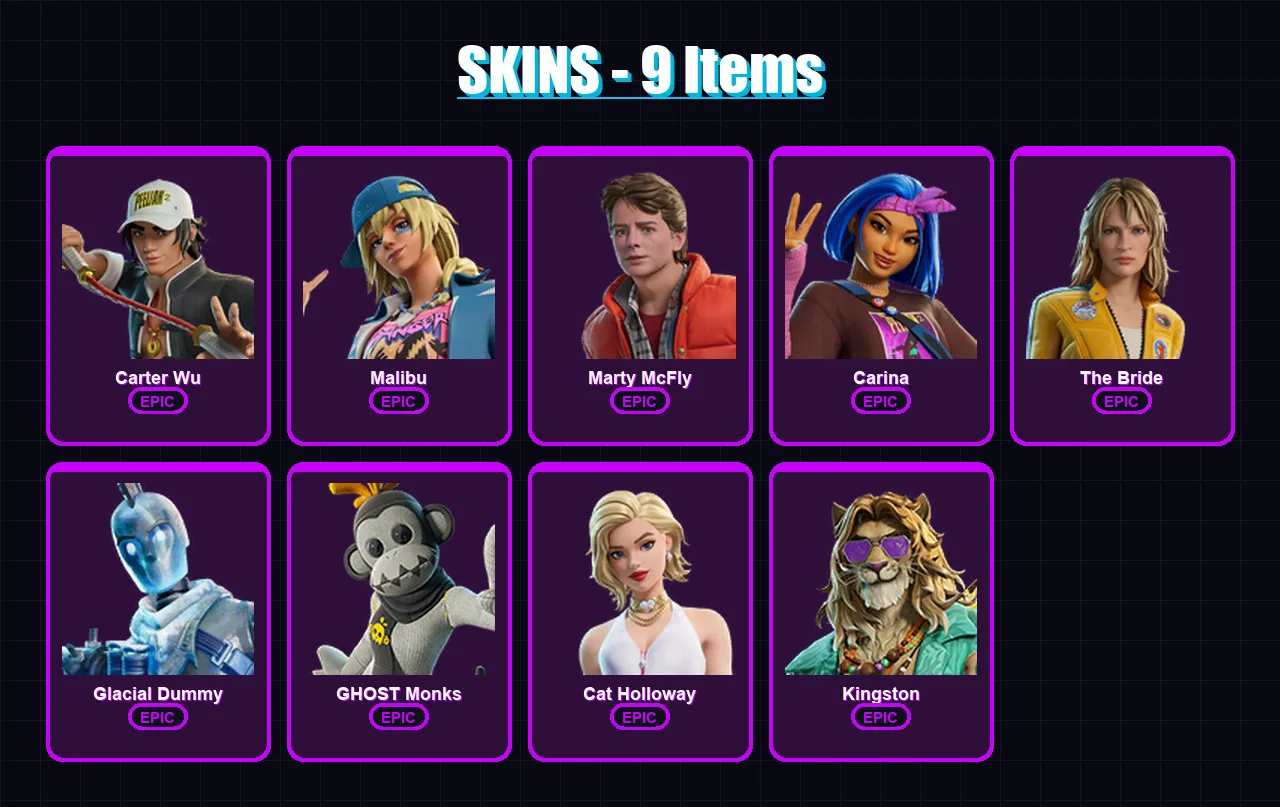 [PC/XBOX/PSN] | Carter Wu | Malibu | Marty McFly | Carina | The Bride | 9 skin | 31 pickaxe | 15 emote | 18 glider | Lv171