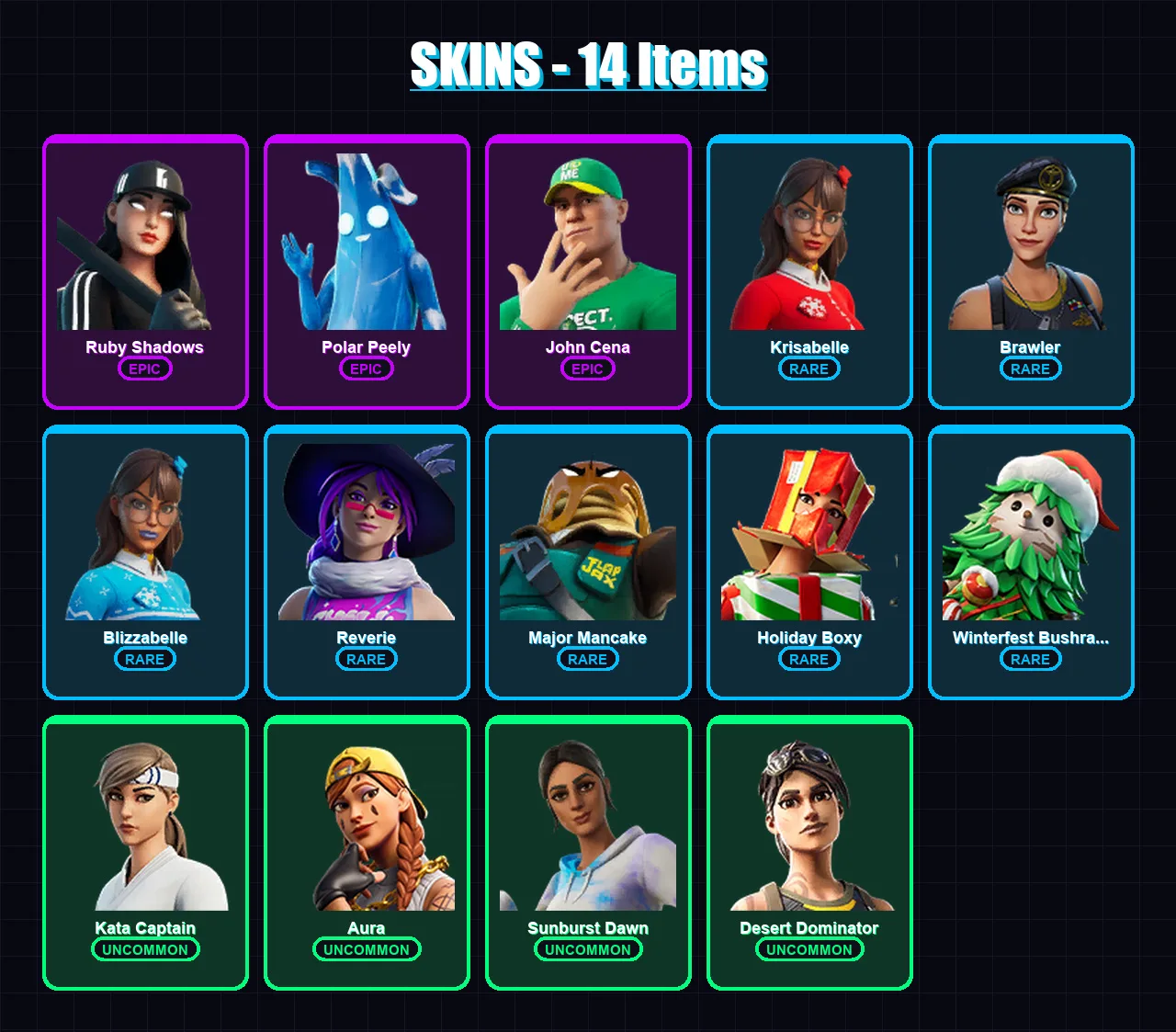 [PC/XBOX/PSN] | Ruby Shadows | Polar Peely | John Cena | Krisabelle | Brawler | 14 skin | 31 pickaxe | 29 emote | 29 glider | Lv726