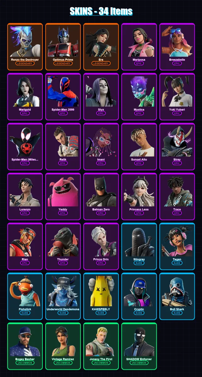 [PC/XBOX/PSN] | Renzo the Destroyer | Optimus Prime | Era | Mariposa | Breezabelle | 34 skin | 57 pickaxe | 27 emote | 32 glider | Lv357