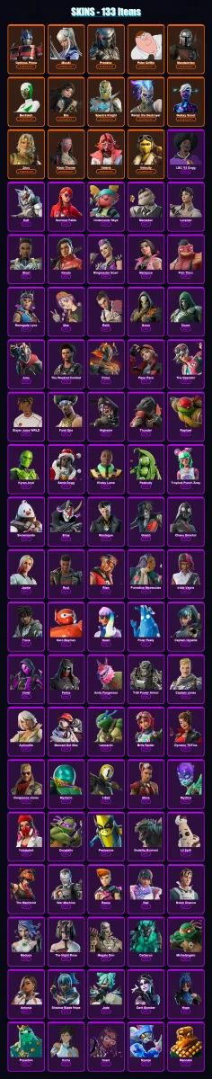 [PC/XBOX/PSN] | Optimus Prime | Mizuki | Predator | Peter Griffin | Mandalorian | 133 skin | 158 pickaxe | 135 emote | 119 glider | Lv2445