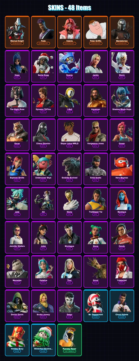 [PC/XBOX/PSN] | Eternal Knight | Fade | Valeria | Peter Griffin | Mandalorian | 48 skin | 73 pickaxe | 52 emote | 63 glider | Lv1261