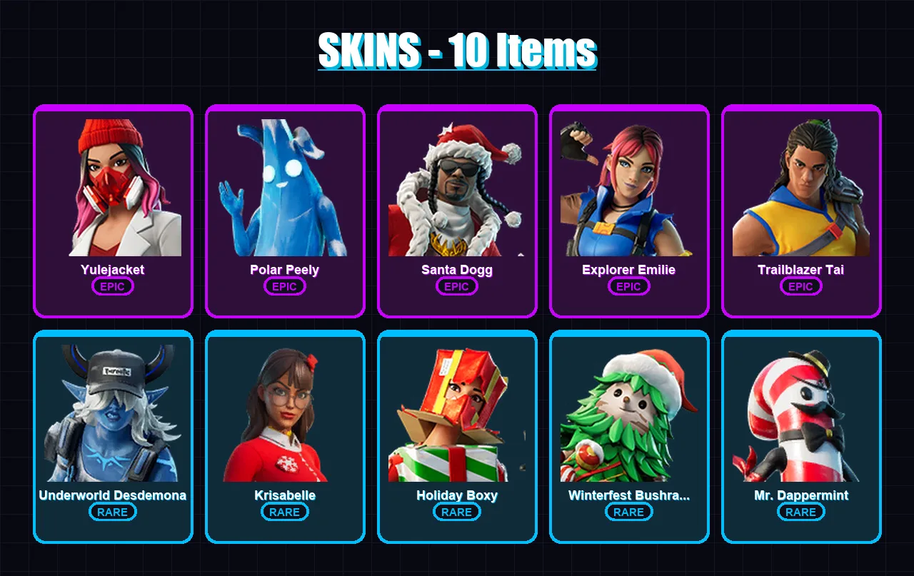 [PS4/PS5/XBOX/PC] | Yulejacket | Polar Peely | Santa Dogg | Explorer Emilie | Trailblazer Tai | 10 skin | 26 pickaxe | 18 emote | 21 glider | Lv385