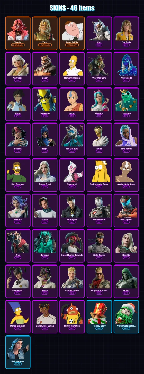 [PC/XBOX/PSN] | Valeria | Zeus | Peter Griffin | Katt | The Bride | 46 skin | 59 pickaxe | 46 emote | 40 glider | Lv439 — Fortnite account