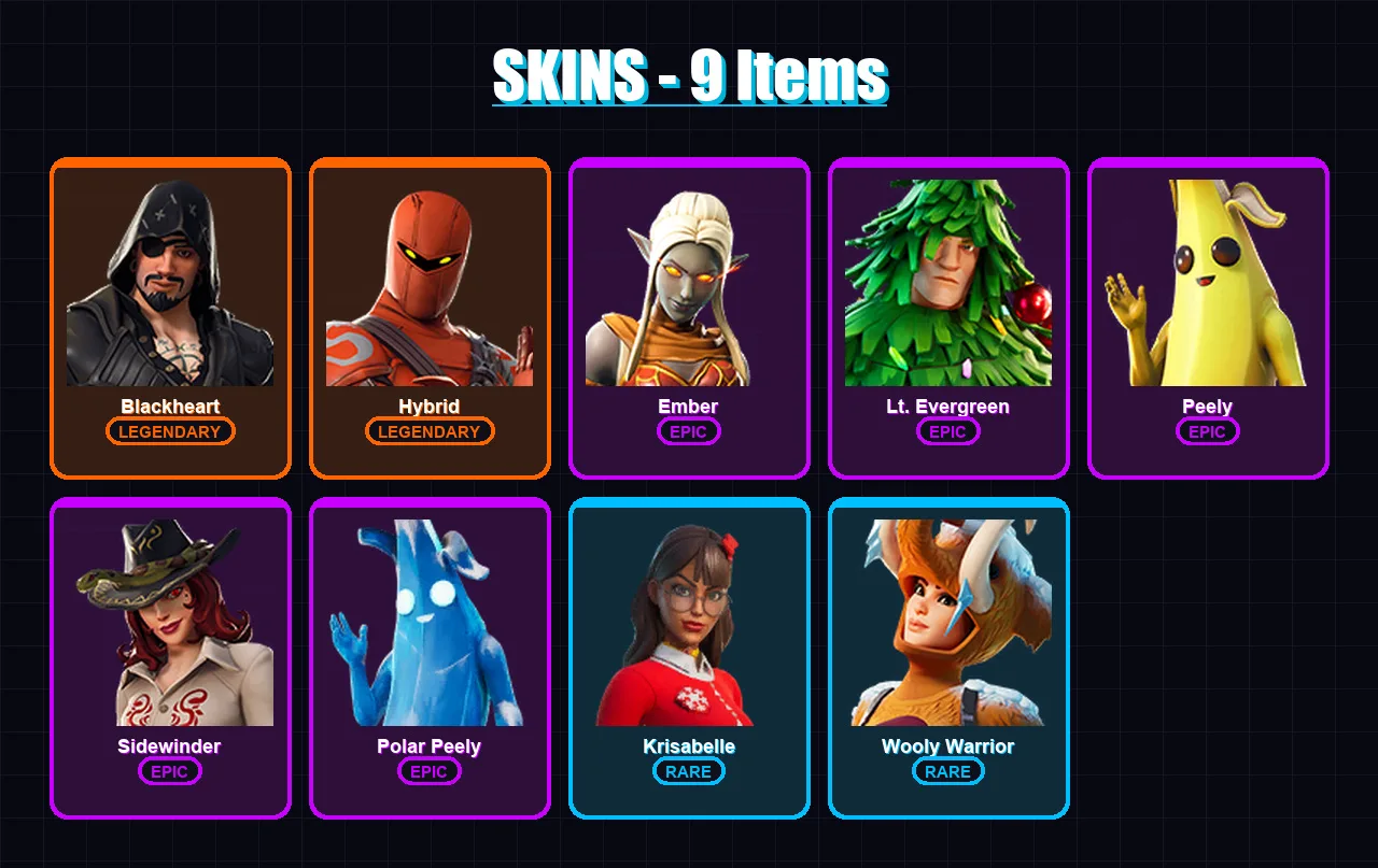 [PS4/PS5/XBOX/PC] | Blackheart | Hybrid | Ember | Lt. Evergreen | Peely | 9 skin | 24 pickaxe | 30 emote | 30 glider | Lv529