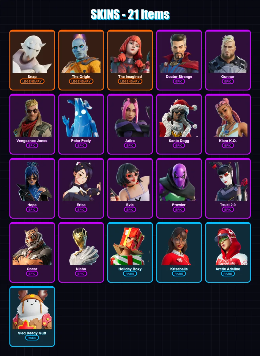 [PC/XBOX/PSN] | Snap | The Origin | The Imagined | Doctor Strange | Gunnar | 21 skin | 42 pickaxe | 23 emote | 38 glider | Lv517