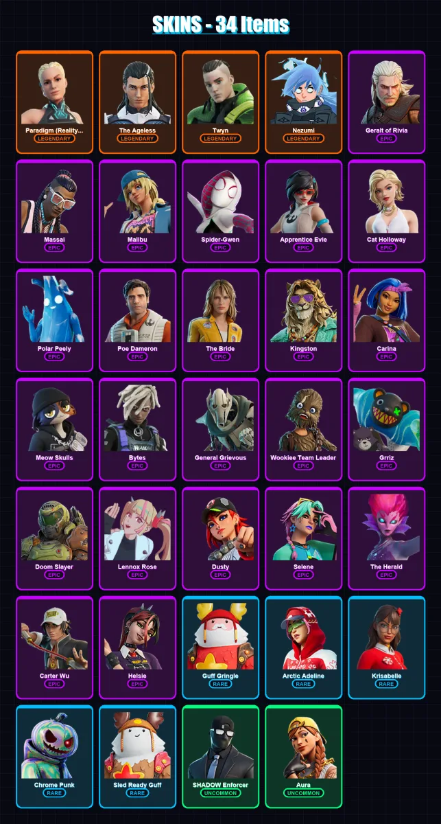 [PC/PSN] | Paradigm (Reality-659) | The Ageless | Twyn | Nezumi | Geralt of Rivia | 34 skin | 53 pickaxe | 46 emote | 43 glider | Lv485