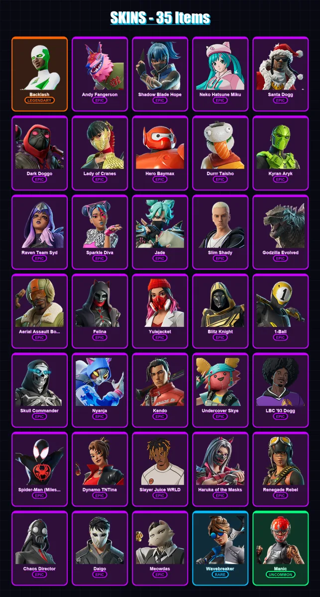 [PC/XBOX/PSN] | Backlash | Andy Fangerson | Shadow Blade Hope | Neko Hatsune Miku | Santa Dogg | 35 skin | 47 pickaxe | 35 emote | 27 glider | Lv252 — Fortnite account