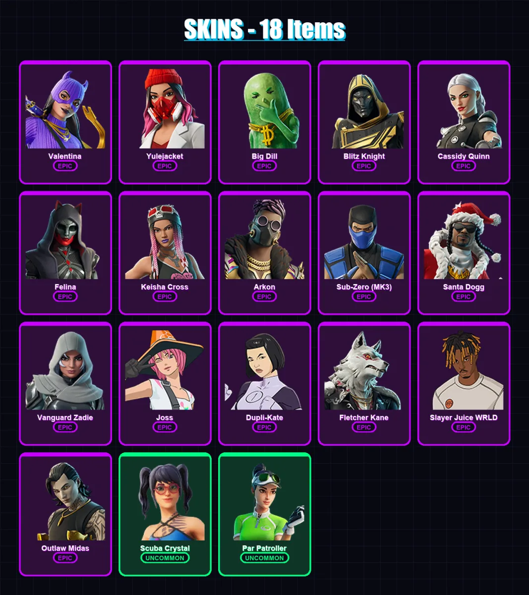 [PC/XBOX/PSN] | Valentina | Yulejacket | Big Dill | Blitz Knight | Cassidy Quinn | 18 skin | 62 pickaxe | 28 emote | 34 glider | Lv566