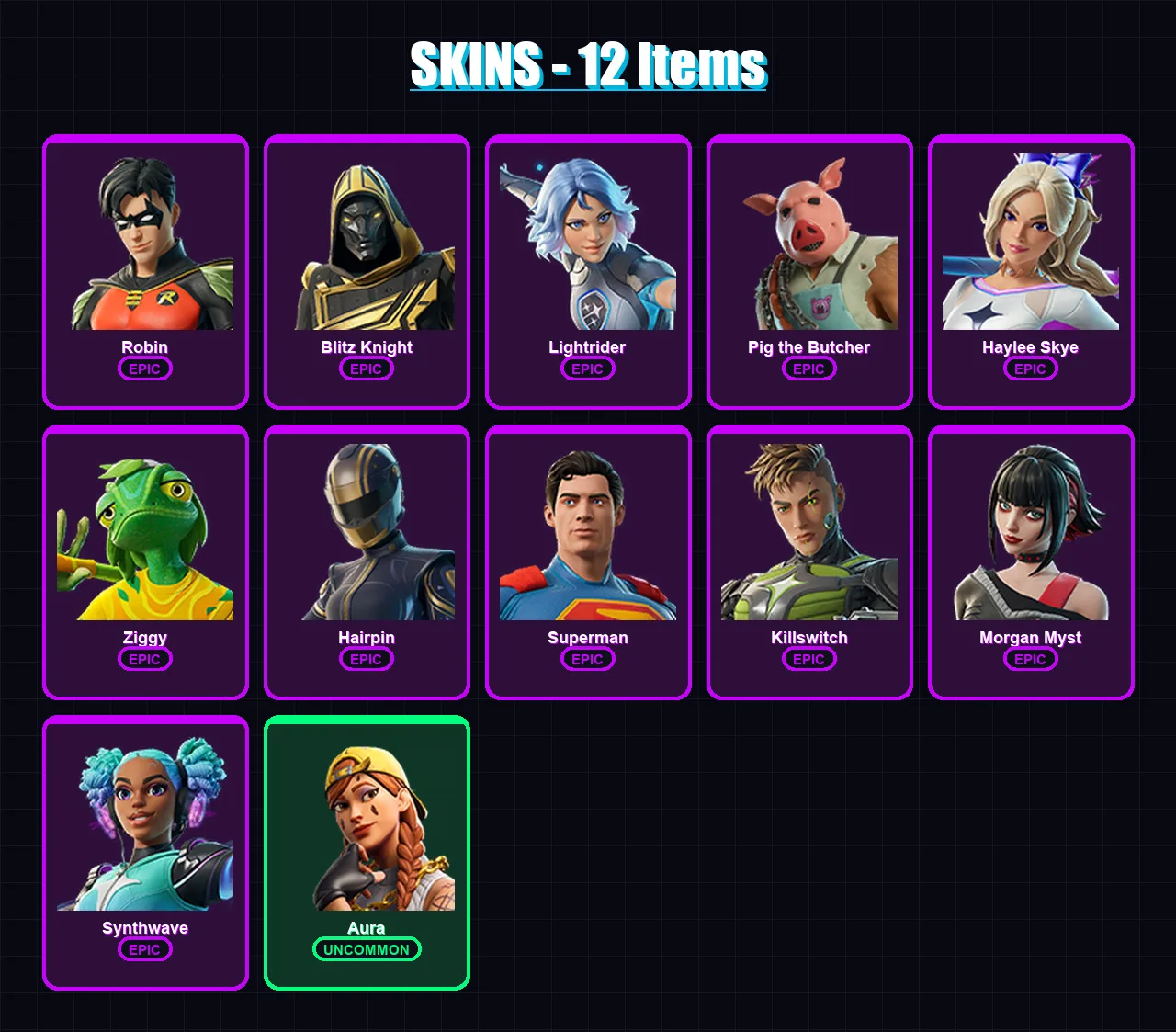 [PS4/PS5/XBOX/PC] | Robin | Blitz Knight | Lightrider | Pig the Butcher | Haylee Skye | 12 skin | 34 pickaxe | 20 emote | 26 glider | Lv385