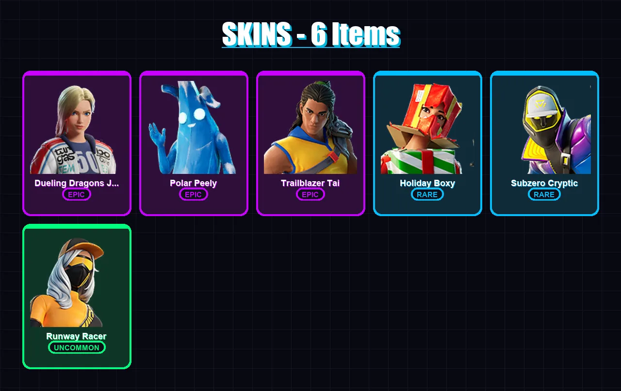 [PS4/PS5/XBOX/PC] | Dueling Dragons Jackie | Polar Peely | Trailblazer Tai | 6 skin | Lv328