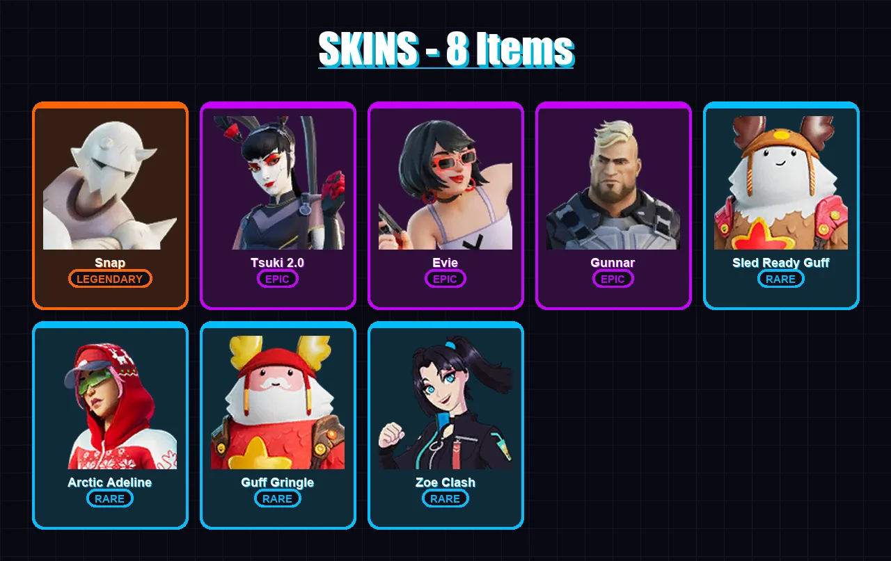 [PC/XBOX/PSN] | Snap | Tsuki 2.0 | Evie | Gunnar | Sled Ready Guff | 8 skin | 12 pickaxe | 12 emote | 13 glider | Lv109