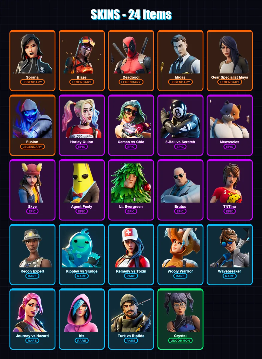 [PC/XBOX/PSN] | Sorana | Blaze | Deadpool | Midas | Gear Specialist Maya | 24 skin | 31 pickaxe | 28 emote | 26 glider | Lv629