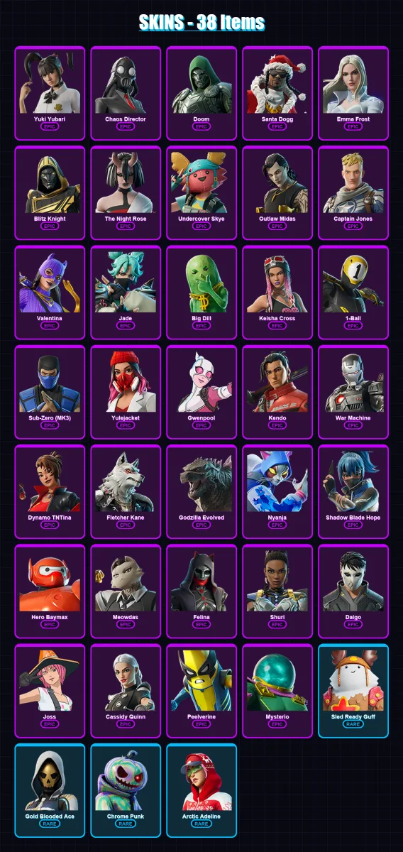 [PC/XBOX] | Yuki Yubari | Chaos Director | Doom | Santa Dogg | Emma Frost | 38 skin | 91 pickaxe | 47 emote | 64 glider | Lv1164