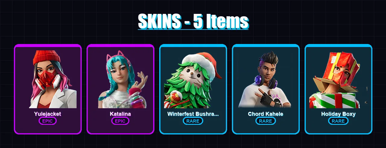 [PC/XBOX/PSN] | Yulejacket | Katalina | Winterfest Bushranger | Chord Kahele | Holiday Boxy | 5 skin | 6 pickaxe | 2 emote | 6 glider | Lv20