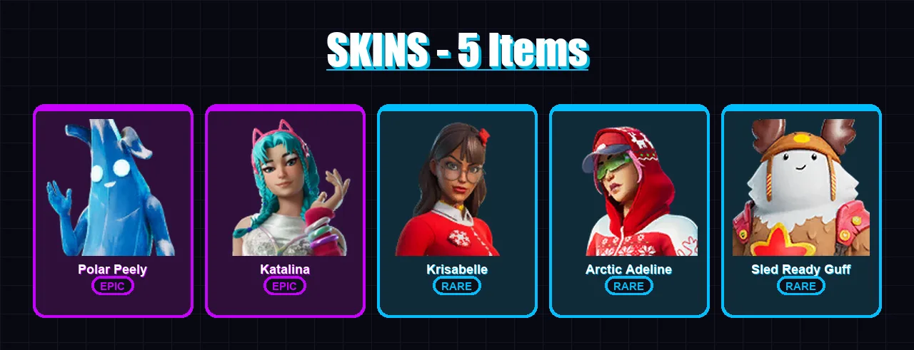 [PC/XBOX] | Polar Peely | Katalina | Krisabelle | Arctic Adeline | Sled Ready Guff | 5 skin | 17 pickaxe | 11 emote | 12 glider | Lv166