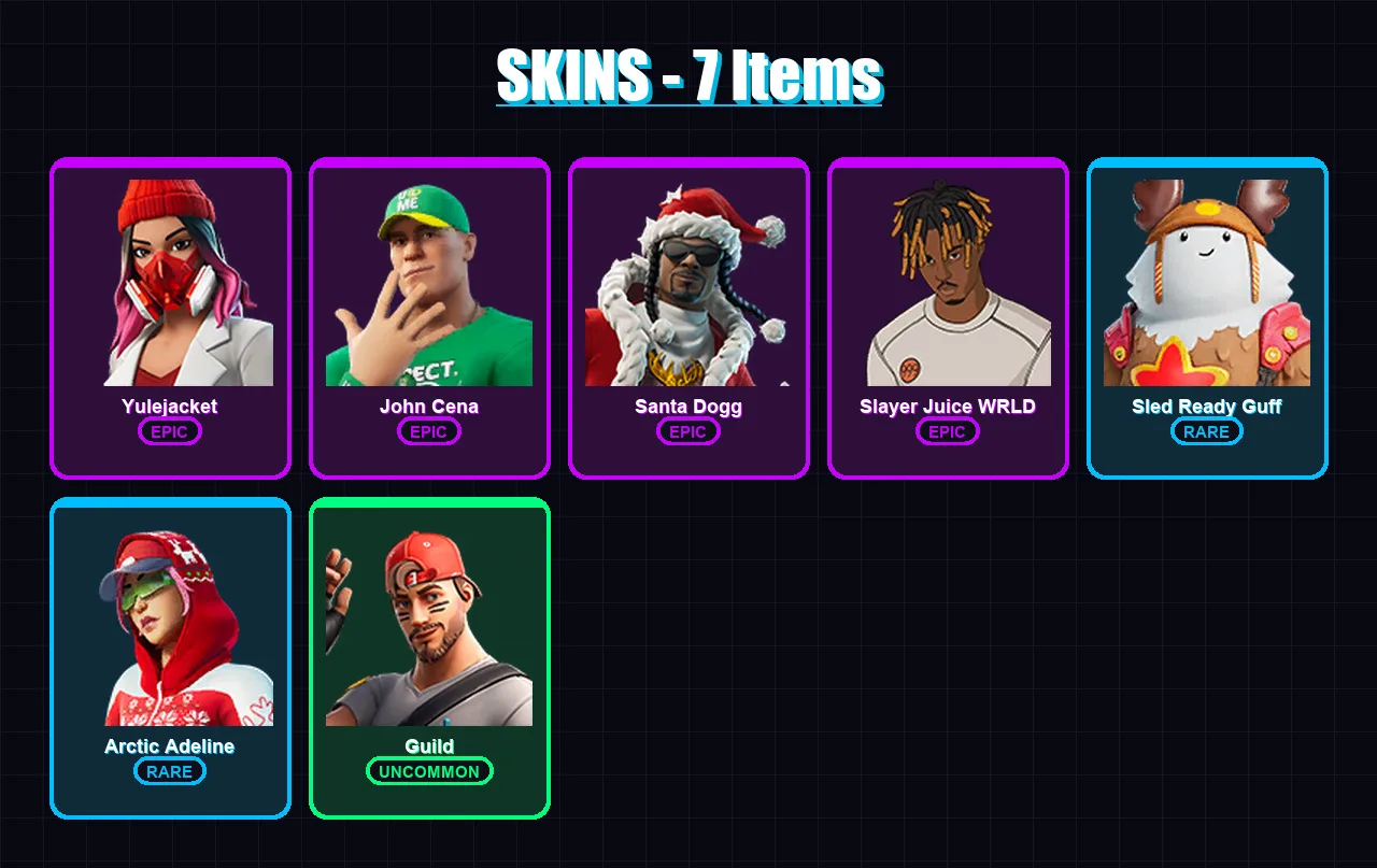 [PC/XBOX/PSN] | Yulejacket | John Cena | Santa Dogg | Slayer Juice WRLD | Sled Ready Guff | 7 skin | 34 pickaxe | 13 emote | 25 glider | Lv317