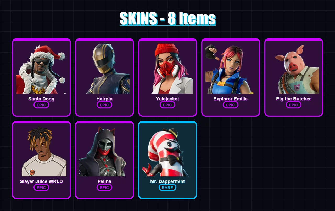 [PC/XBOX/PSN] | Santa Dogg | Hairpin | Yulejacket | Explorer Emilie | Pig the Butcher | 8 skin | 48 pickaxe | 18 emote | 30 glider | Lv607