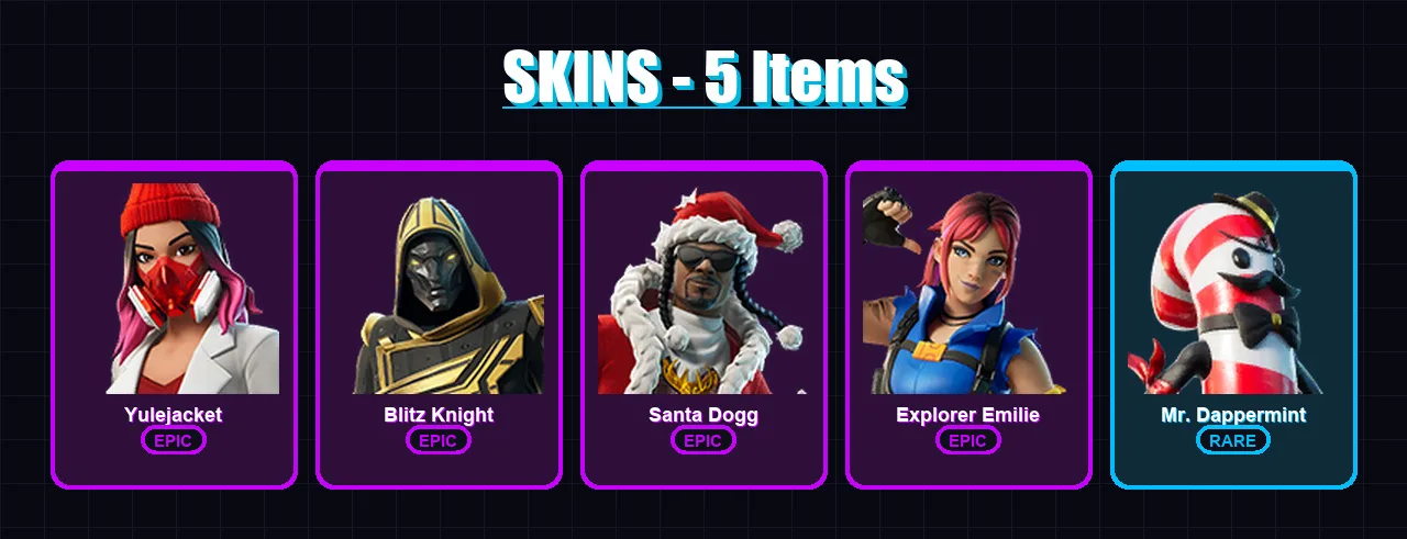 [PS4/PS5/XBOX/PC] | Yulejacket | Blitz Knight | Santa Dogg | Explorer Emilie | Mr. Dappermint | 5 skin | 14 pickaxe | 4 emote | 6 glider | Lv80