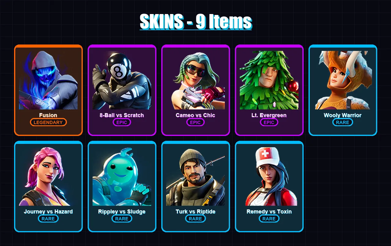 [PC/XBOX/PSN] | Fusion | 8-Ball vs Scratch | Cameo vs Chic | Lt. Evergreen | Wooly Warrior | 9 skin | 10 pickaxe | 13 emote | 13 glider | Lv188