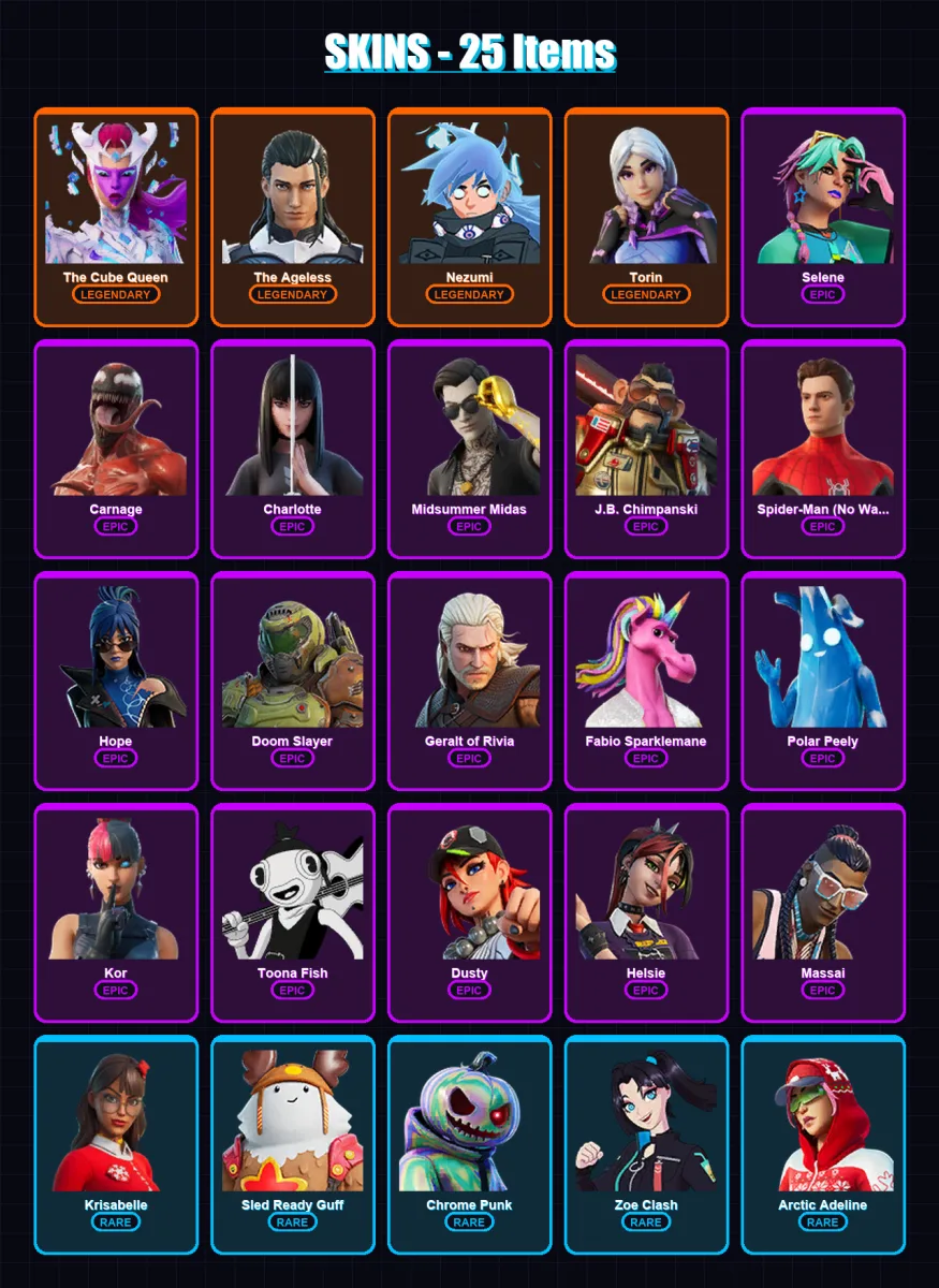[PC/PSN] | The Cube Queen | The Ageless | Nezumi | Torin | Selene | 25 skin | 39 pickaxe | 41 emote | 37 glider | Lv559