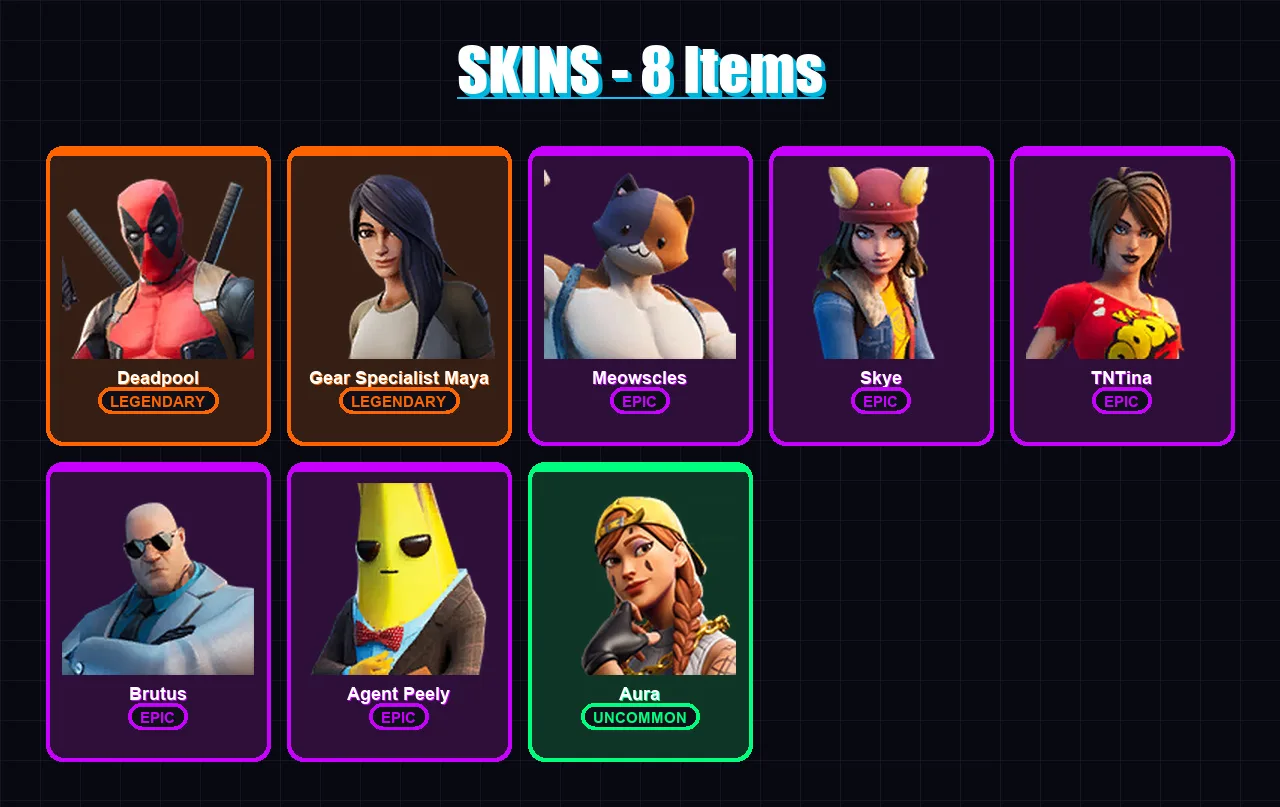 [PS4/PS5/XBOX/PC] | Deadpool | Gear Specialist Maya | Meowscles | Skye | TNTina | 8 skin | 16 pickaxe | 24 emote | 21 glider | Lv450