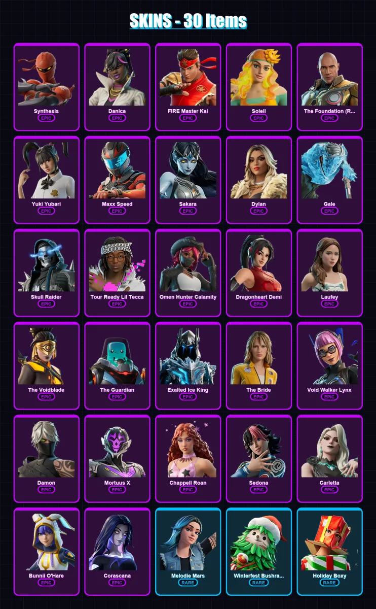 [PC/PSN] | Synthesis | Danica | FIRE Master Kai | Soleil | The Foundation (Reforged) | 33 skin | 21 pickaxe | 3 emote | 10 glider | Lv26