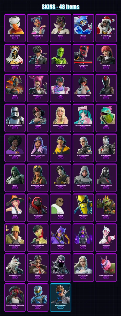 [PC/XBOX/PSN] | Durrr Taisho | Sparkle Diva | Danica | Nyanja | Santa Dogg | 48 skin | 44 pickaxe | 24 emote | 19 glider | Lv130