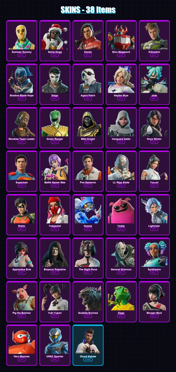 [PC/XBOX/PSN] | Summer Dummy | Santa Dogg | Kendo | Dino Megazord | Killswitch | 38 skin | 89 pickaxe | 47 emote | 57 glider | Lv1172