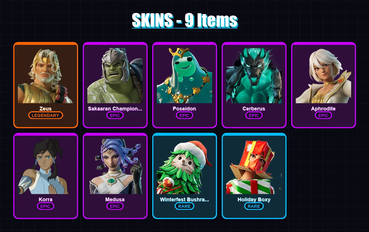[PC/XBOX/PSN] | Zeus | Sakaaran Champion Hulk | Poseidon | Cerberus | Aphrodite | 9 skin | 11 pickaxe | 10 emote | 14 glider | Lv100