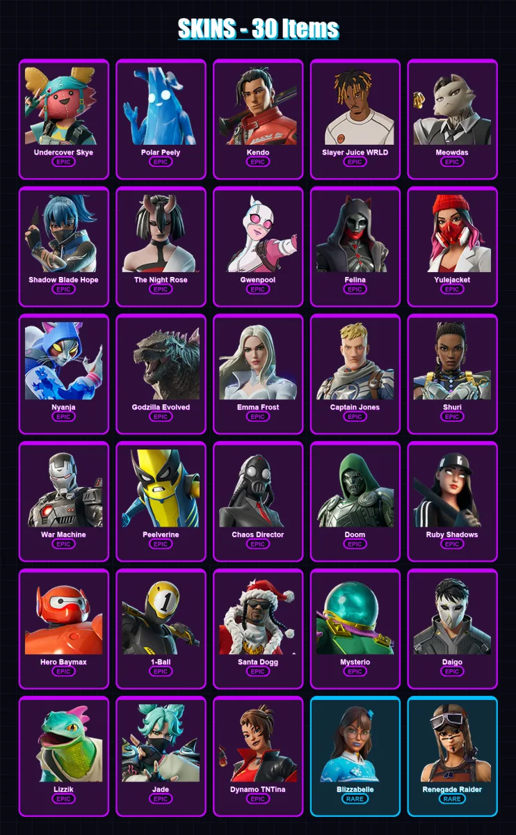 [PC/XBOX/PSN] | Undercover Skye | Polar Peely | Kendo | Slayer Juice WRLD | Meowdas | 30 skin | 51 pickaxe | 38 emote | 40 glider | Lv761