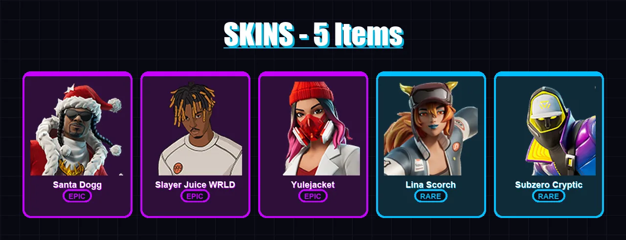 [PC] | Santa Dogg | Slayer Juice WRLD | Yulejacket | Lina Scorch | Subzero Cryptic | 5 skin | 12 pickaxe | 5 emote | 10 glider | Lv61