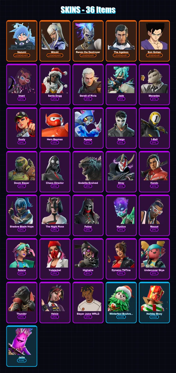 [PS4/PS5/XBOX/PC] | Nezumi | Mizuki | Renzo the Destroyer | The Ageless | Son Gohan | 36 skin | 61 pickaxe | 47 emote | 53 glider | Lv929