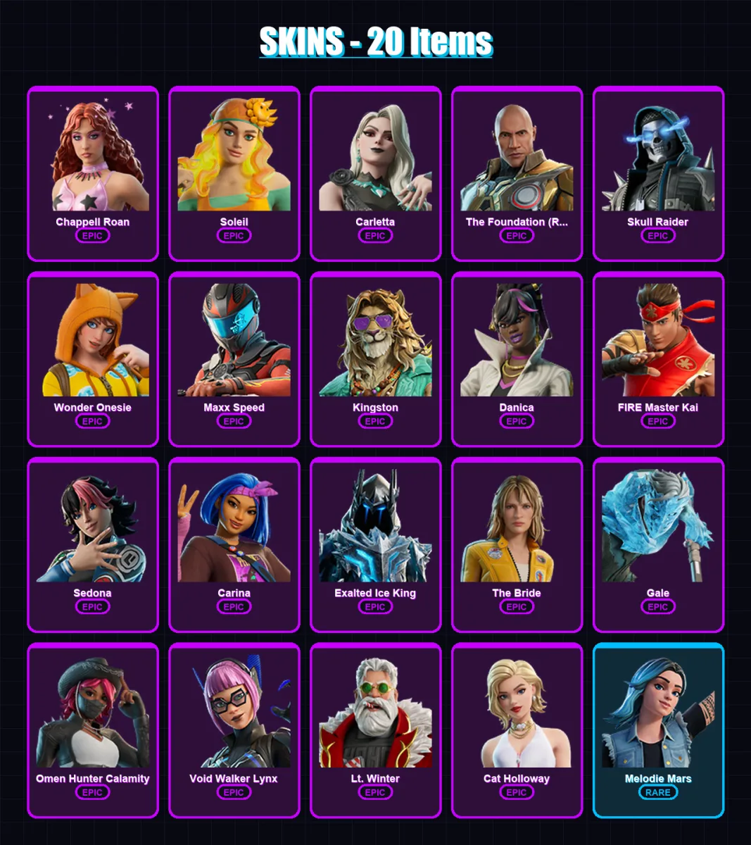 [PC/PSN] | Chappell Roan | Soleil | Carletta | The Foundation (Reforged) | Skull Raider | 20 skin | 20 pickaxe | 13 emote | 11 glider | Lv56 — Fortnite account