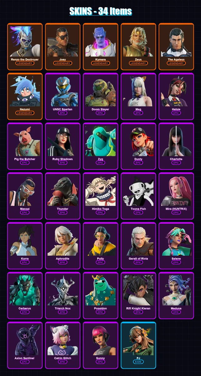 [PC/XBOX/PSN] | Renzo the Destroyer | Joey | Kymera | Zeus | The Ageless | 34 skin | 55 pickaxe | 44 emote | 42 glider | Lv633