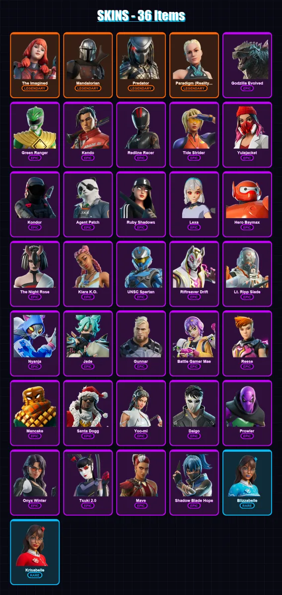 [PC] | The Imagined | Mandalorian | Predator | Paradigm (Reality-659) | Godzilla Evolved | 36 skin | 57 pickaxe | 38 emote | 49 glider | Lv591